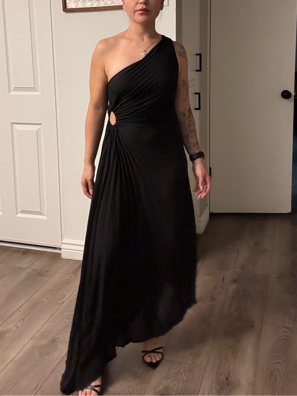 Nicole Miller Black One-Shoulder Draped Maxi Dress